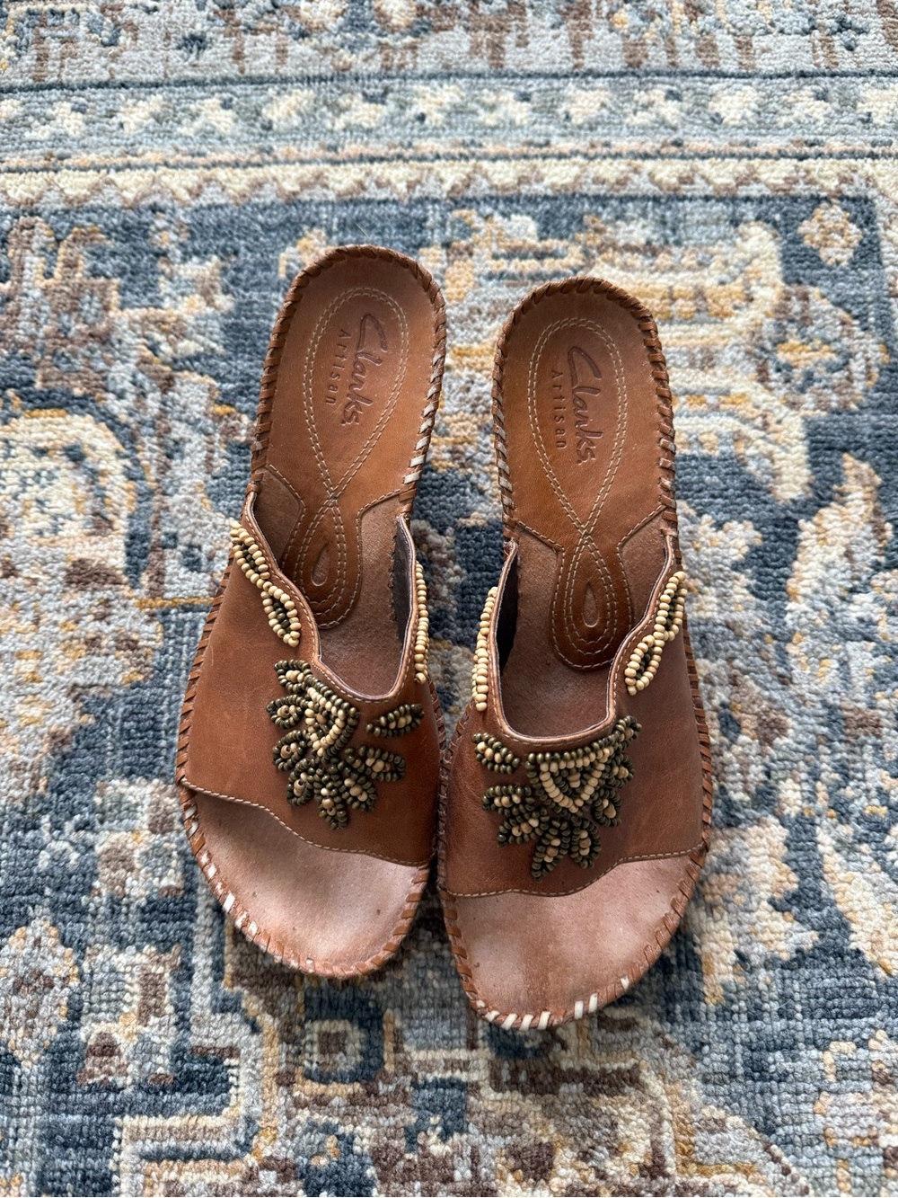 Clarks Brown Beaded Leather Slide Mules
